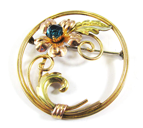Van Dell Vintage 1940s Rhinestone Gold-Filled Floral Circle Pin - Front