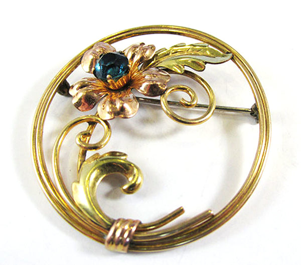Van Dell Vintage 1940s Rhinestone Gold-Filled Floral Circle Pin - Front