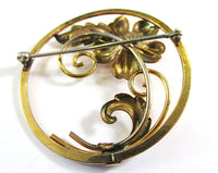 Van Dell Vintage 1940s Rhinestone Gold-Filled Floral Circle Pin - Back - Thumbnail