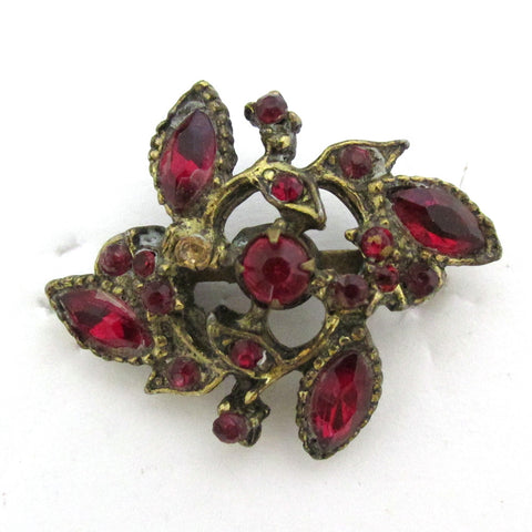 Vintage 1950s Mid-Century Dainty Ruby-Red Rhinestone Floral Pin - Front