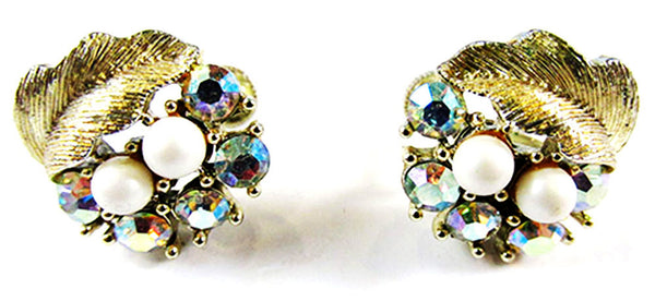 Signed Lisner Designer Vintage 1950s AB Rhinestone and Pearl Earrings - Front