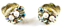 Signed Lisner Designer Vintage 1950s AB Rhinestone and Pearl Earrings - Front - Thumbnail