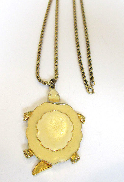 Vintage Signed Art 1960s Adorable Enamel Gold-Toned Turtle Pendant - Front