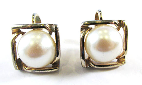 Giovanni Vintage 1950s Geometric Ivory Pearl Clip-On Earrings - Front