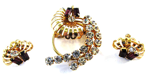 Avant-garde 1950s Amethyst and Clear Rhinestone Pin and Earrings - Front