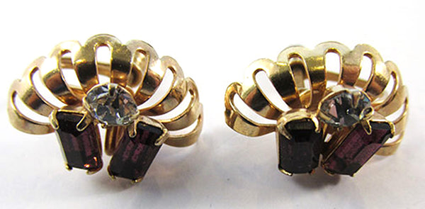 Avant-garde 1950s Amethyst and Clear Rhinestone Pin and Earrings - Earrings