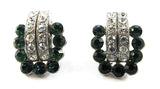 Vintage 1930s Emerald-Green and Clear Rhinestone Silver-Toned Earrings - Front