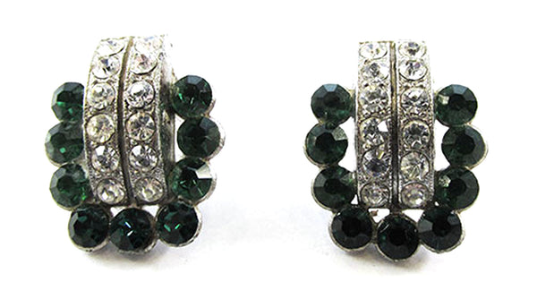 Vintage 1930s Emerald-Green and Clear Rhinestone Silver-Toned Earrings - Front