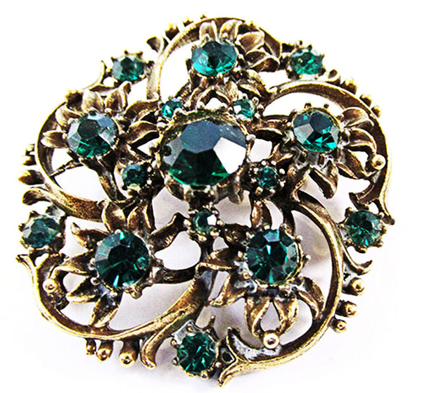 Vintage 1950s Coro Emerald Rhinestone and Gold Floral Pin - Front