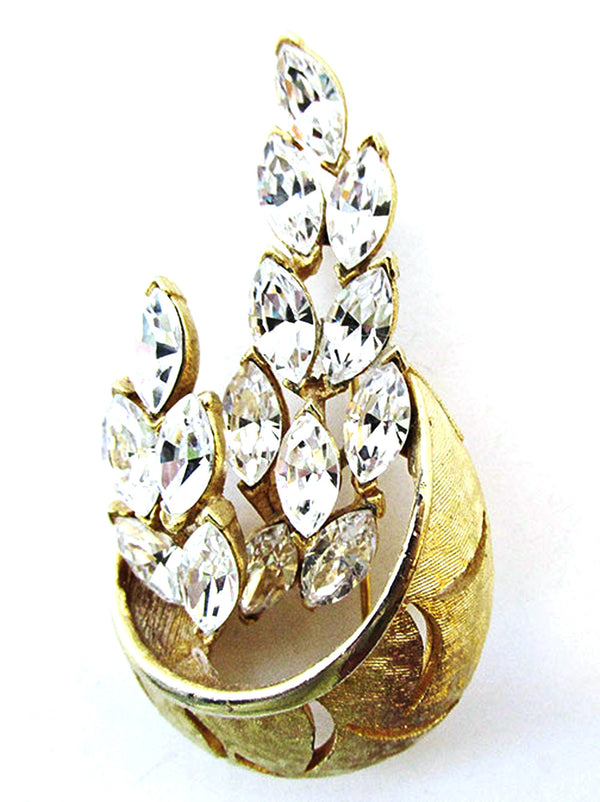 Vintage 1960s Stunning Clear Rhinestone and Gold Floral Pin - Front
