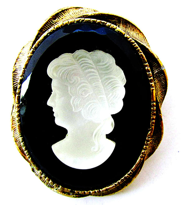 1950s Vintage Mid-Century Black and White Glass Cameo Pin - Front