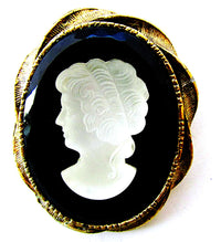 1950s Vintage Mid-Century Black and White Glass Cameo Pin - Front - Thumbnail