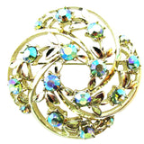 Vintage 1950s Green Aurora Borealis Rhinestone Swirl Pin - Front