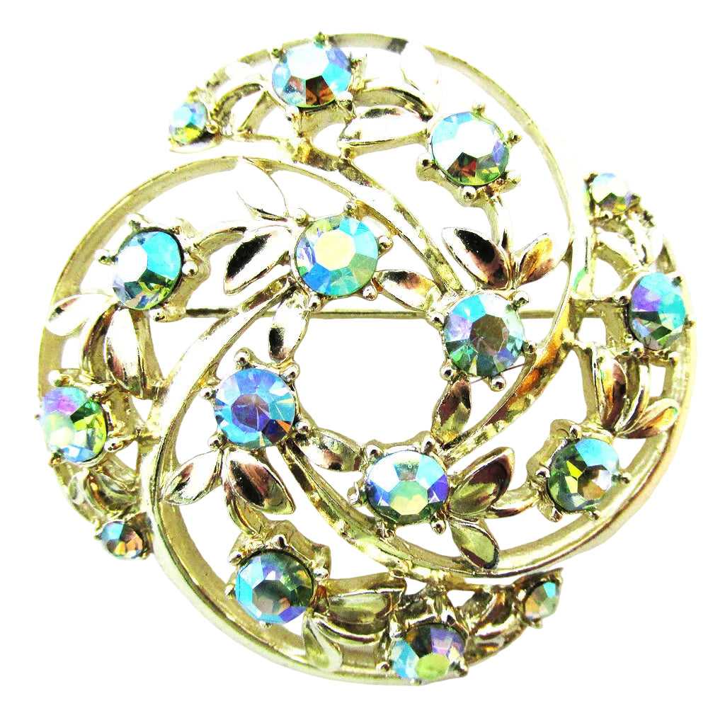 Vintage 1950s Green Aurora Borealis Rhinestone Swirl Pin - Front