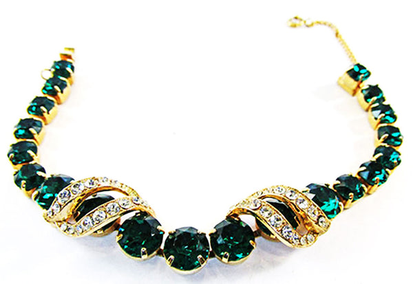 Signed Eisenberg Vintage 1940s Emerald Rhinestone Glamour Bracelet - Front