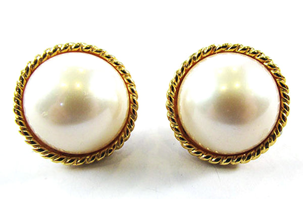 Vintage 1970s Ivory-Colored Pearl Cabochon Pierced Earrings - Front
