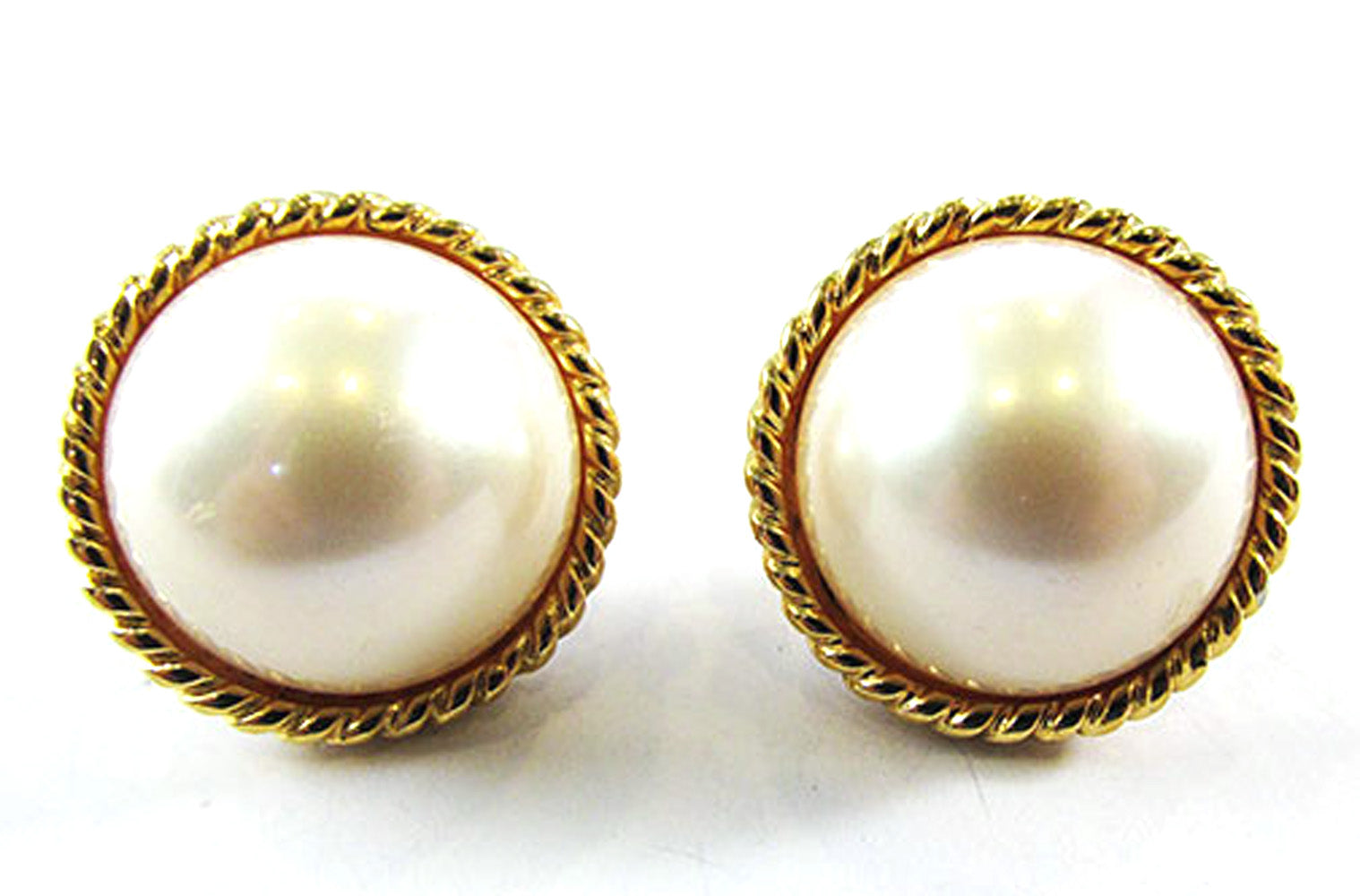 Vintage 1970s Ivory-Colored Pearl Cabochon Pierced Earrings - Front