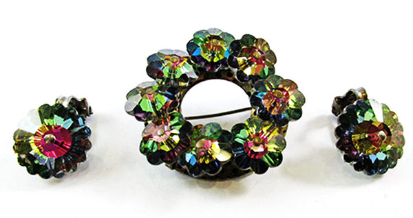 Vintage 1950s Mid-Century Watermelon Rhinestone Pin and Earrings - Front