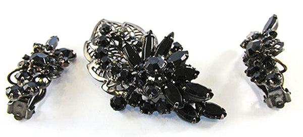 Vintage 1950s Black Rhinestone and Japanned Floral Pin and Earrings - Front