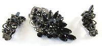 Vintage 1950s Black Rhinestone and Japanned Floral Pin and Earrings - Front - Thumbnail