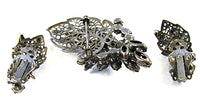 Vintage 1950s Black Rhinestone and Japanned Floral Pin and Earrings - Back - Thumbnail