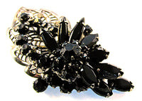 Vintage 1950s Black Rhinestone and Japanned Floral Pin and Earrings - Pin Front - Thumbnail