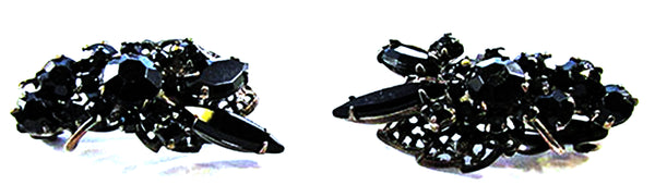 Vintage 1950s Black Rhinestone and Japanned Floral Pin and Earrings - Earrings