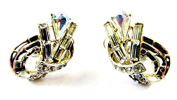 Coro Vintage 1960s Designer Clear and AB Rhinestone Silver Earrings - Front