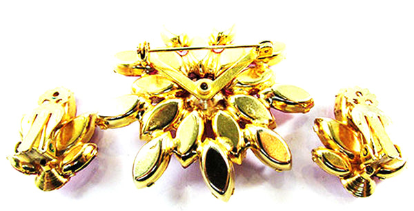 Vintage 1950s Pink Rhinestone Floral Pin and Earrings Set - Back