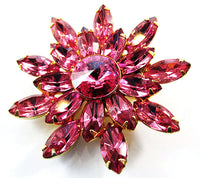 Vintage 1950s Pink Rhinestone Floral Pin and Earrings Set - Pin Front - Thumbnail