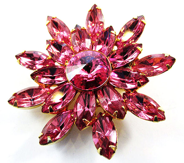 Vintage 1950s Pink Rhinestone Floral Pin and Earrings Set - Pin Front