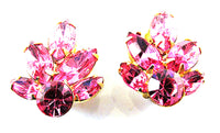 Vintage 1950s Pink Rhinestone Floral Pin and Earrings Set - Earrings Front - Thumbnail