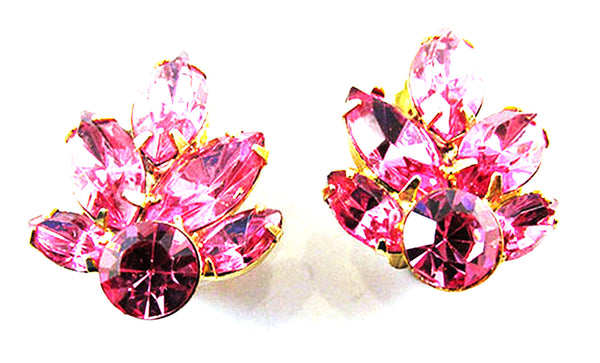 Vintage 1950s Pink Rhinestone Floral Pin and Earrings Set - Earrings Front