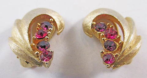 Vintage 1960s Fuchsia and Amethyst Rhinestone Floral Earrings - Front