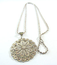 Vintage 1930s Cannetille Work Sterling Silver Floral Pendant - Front - Thumbnail
