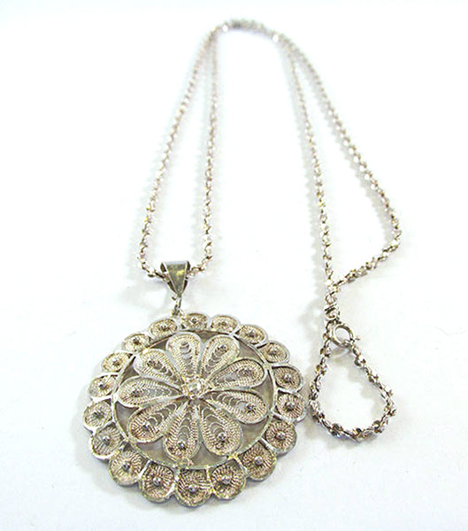 Vintage 1930s Cannetille Work Sterling Silver Floral Pendant - Front
