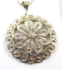 Vintage 1930s Cannetille Work Sterling Silver Floral Pendant - Front Close Up - Thumbnail