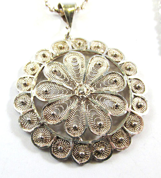 Vintage 1930s Cannetille Work Sterling Silver Floral Pendant - Front Close Up