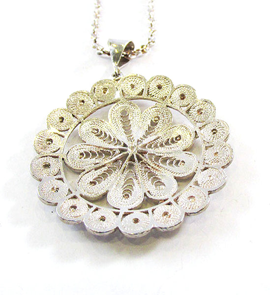 Vintage 1930s Cannetille Work Sterling Silver Floral Pendant - Back Close Up