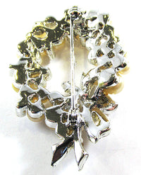 Vintage 1950s Mid Century Clear Rhinestone and Pearl Floral Wreath Pin - Back - Thumbnail