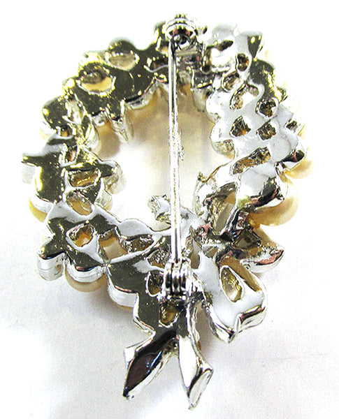Vintage 1950s Mid Century Clear Rhinestone and Pearl Floral Wreath Pin - Back