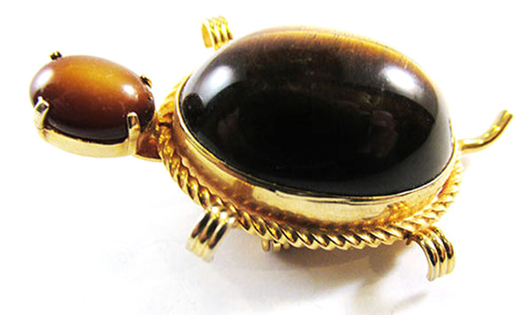 Signed Burt Cassell Vintage 1950s Tiger’s Eye Figural Turtle Pin - Front
