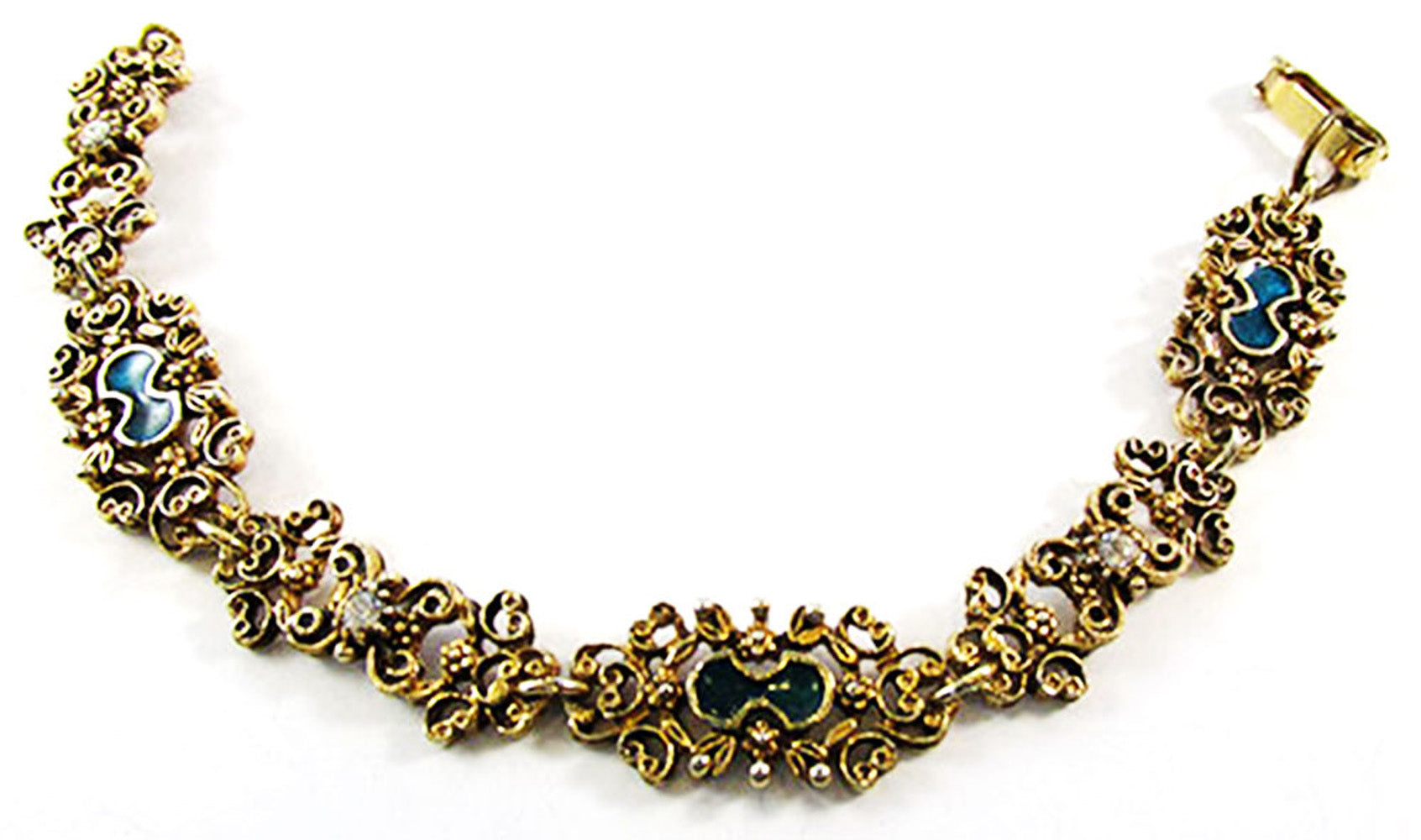 Florenza 1950s Green Enamel and Clear Rhinestone Gold Bracelet - Front