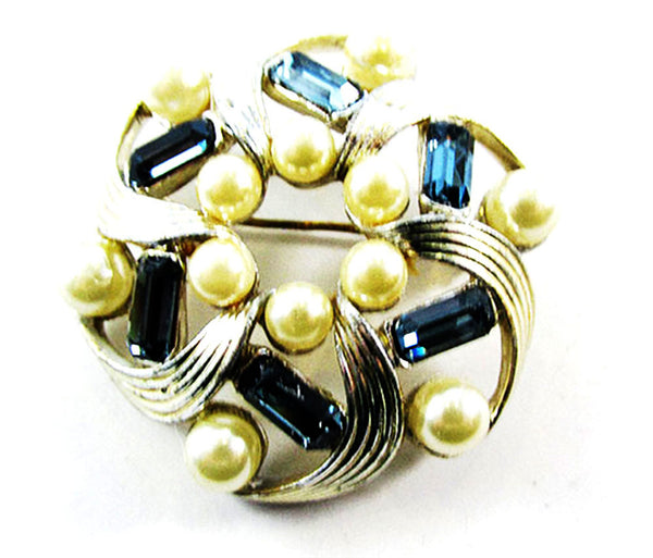 Lisner Vintage 1950s Designer Rhinestone and Pearl Swirl Pin - Front