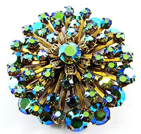Vintage 1950s Teal Aurora Borealis Rhinestone Starburst Pin - Front
