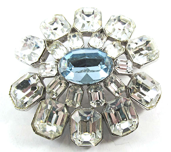 Signed Coro 1940s Vintage Designer Clear and Sapphire Rhinestone Pin - Front