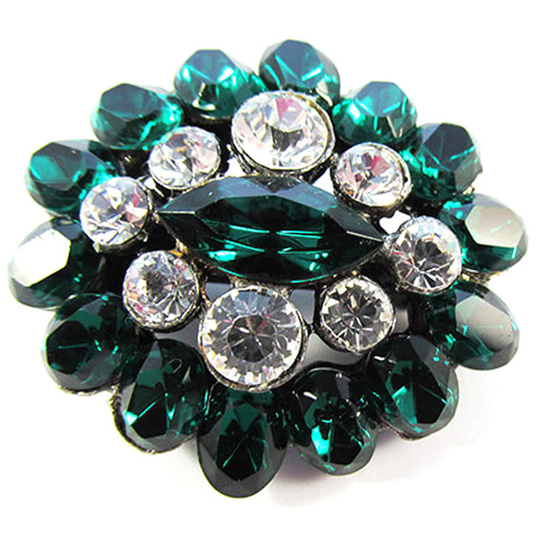 Vintage 1960s Retro Emerald-Green and Clear Rhinestone Oval Pin - Front Close Up