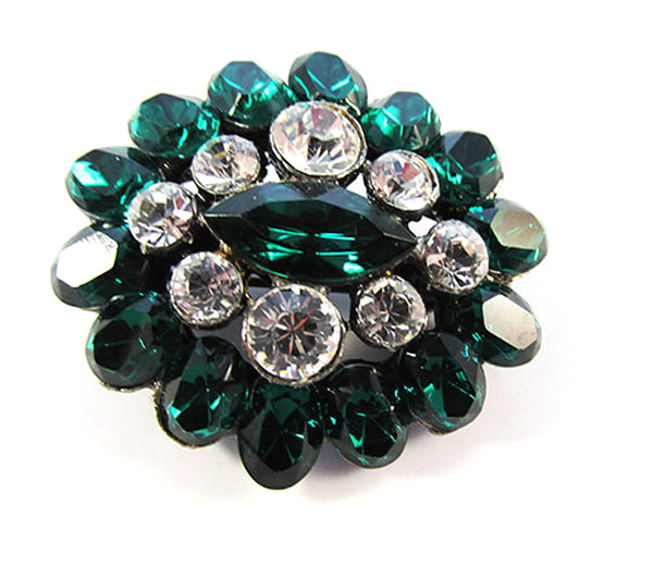 Vintage 1960s Retro Emerald-Green and Clear Rhinestone Oval Pin - Front