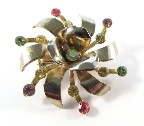 Vintage 1950s Multicolored Rhinestone and Gold Catherine Wheel Pin - Front