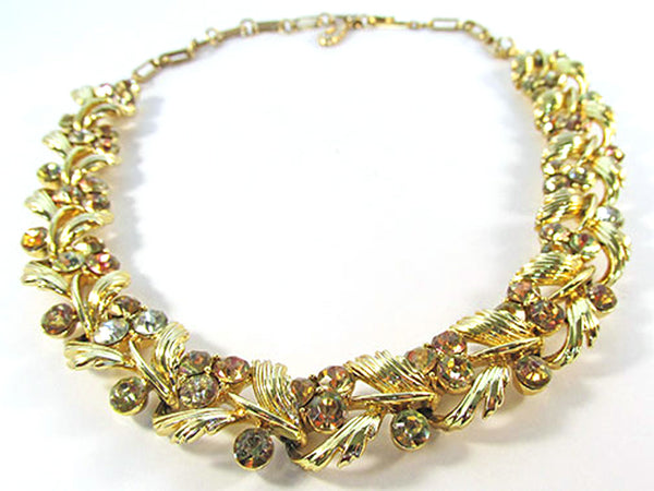 Lisner Vintage 1950s Citrine and Jonquil Rhinestone Floral Necklace - Front